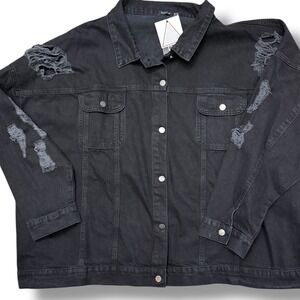 NWT Boohoo Denim Jacket Plus Oversized Busted Distressed Black Size 26 destroyed